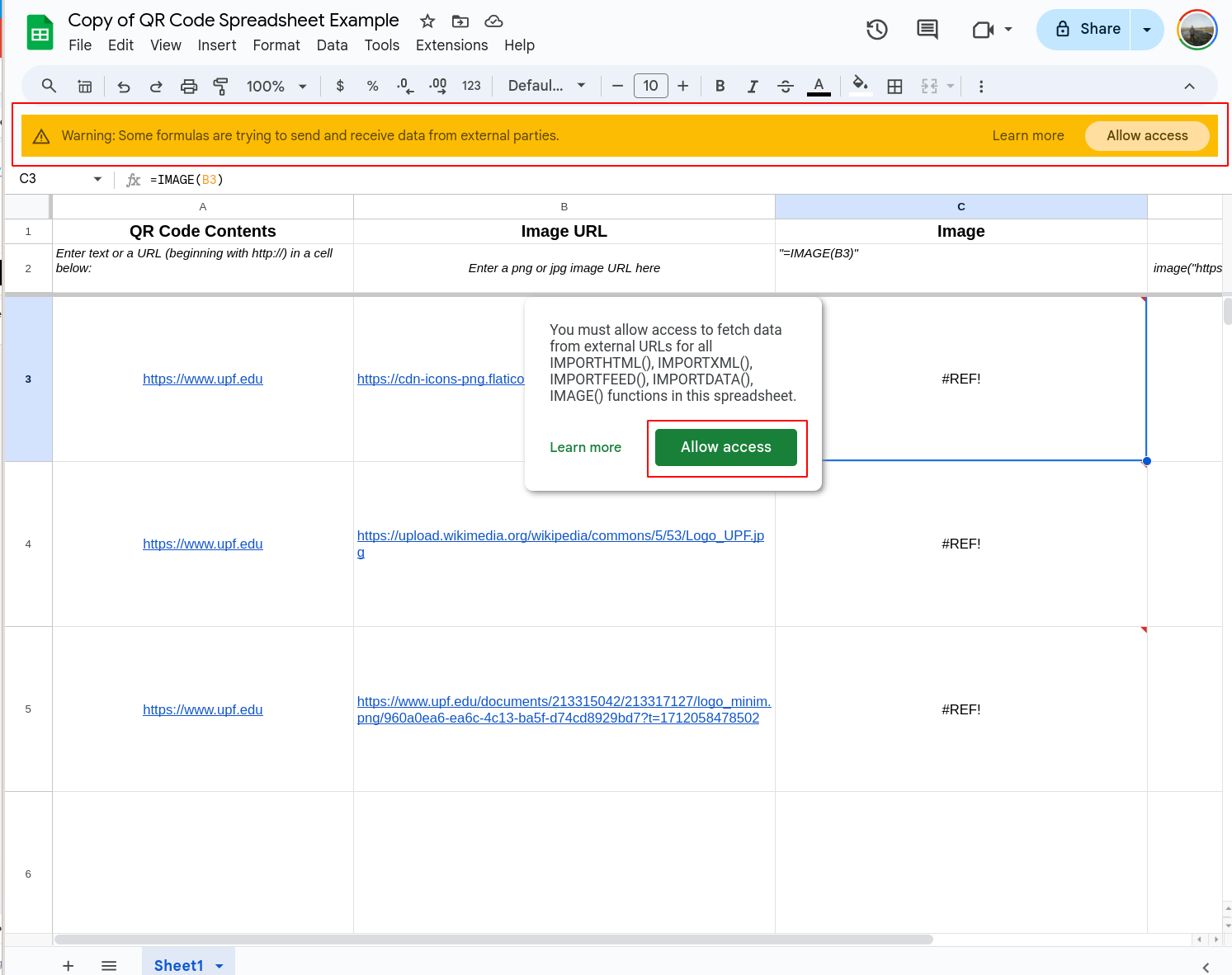 Granting permissions to Google Sheets to view image