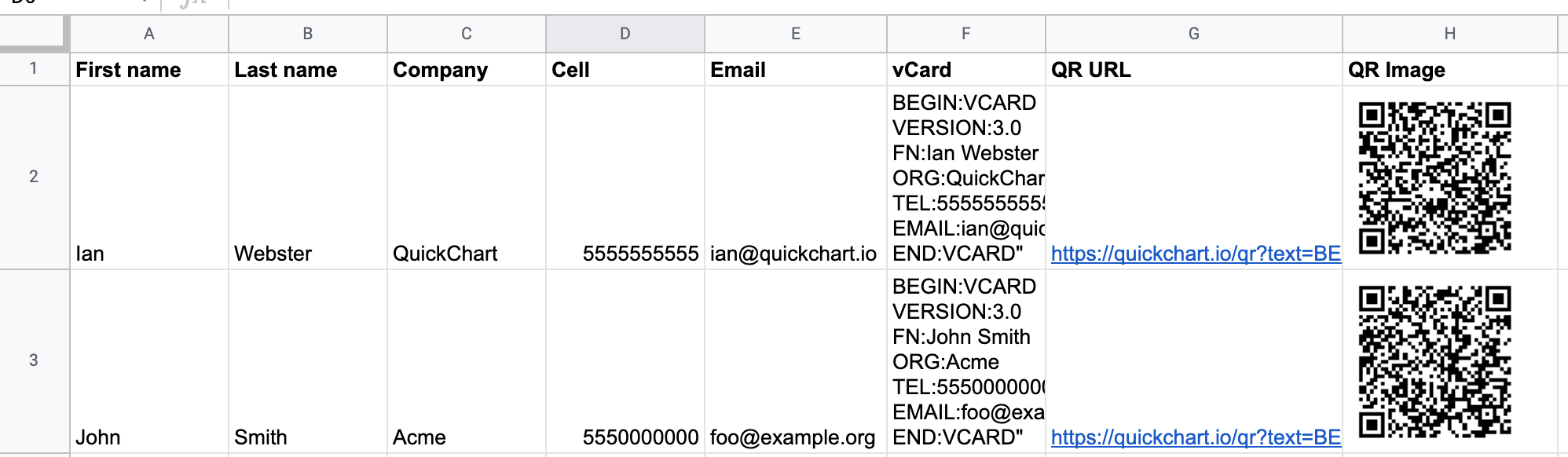 Spreadsheet with vCard QR codes